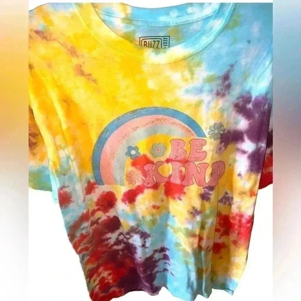 medium purple , yellow, red tie dye custom t shirt. “Be kind” with rainbow